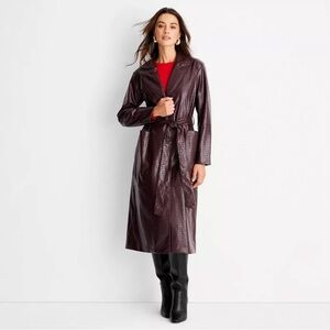 Women's Burgundy Faux Croc Leather Trench Coat